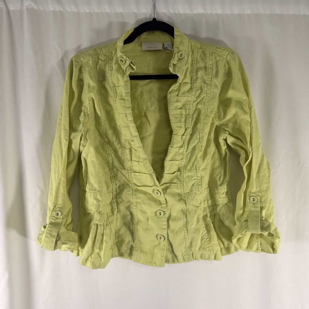 Chico's 100% Linen Blouse Women's 1 Medium Lime Green Button Front Long Sleeve